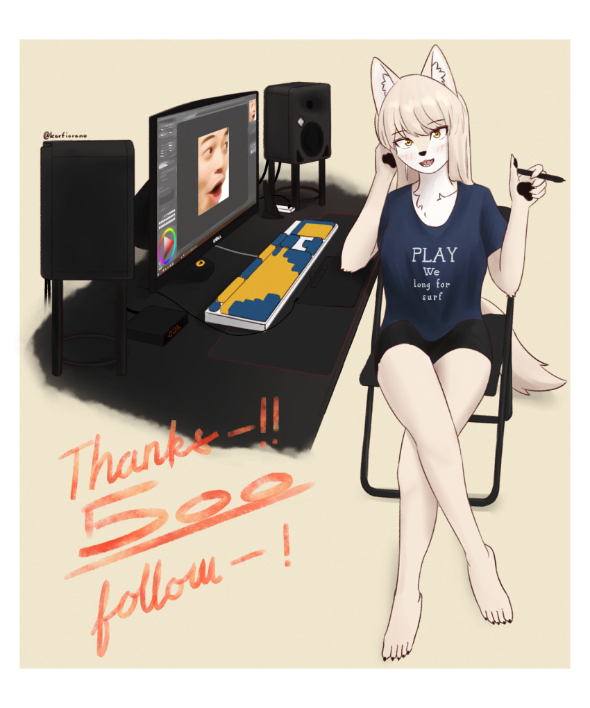 1girl :3 animal_ear_fluff animal_ears animal_hands animal_nose artist_name bangs barefoot bike_shorts blonde_hair blue_shirt blush body_fur border chair clock clothes_writing collarbone commentary crossed_legs digital_clock drawing_tablet english_commentary english_text engrish_text fangs folding_chair fox_ears fox_girl fox_tail full_body furry hands_up happy highres holding holding_stylus jeifier_(korfiorano01) keyboard_(computer) legs light_blush long_hair looking_at_viewer milestone_celebration monitor on_chair open_mouth original pawpads pogchamp ranguage shiny shiny_hair shirt short_sleeves sidelocks signature sitting smile solo speaker stylus swept_bangs tail teeth thank_you thighs tongue twitter_username two-tone_fur white_border white_fur yellow_background yellow_eyes yellow_fur