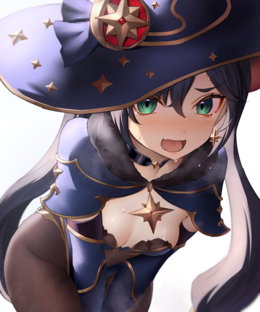 1girl black_hair blue_leotard blush breasts brooch brown_pantyhose choker dot_nose fang fur_collar furrowed_brow genshin_impact gold_trim green_eyes hat highres jewelry leaning_forward leotard long_hair looking_at_viewer mona_(genshin_impact) neit_ni_sei open_mouth pantyhose small_breasts solo star_(symbol) star_choker tears twintails very_long_hair witch_hat