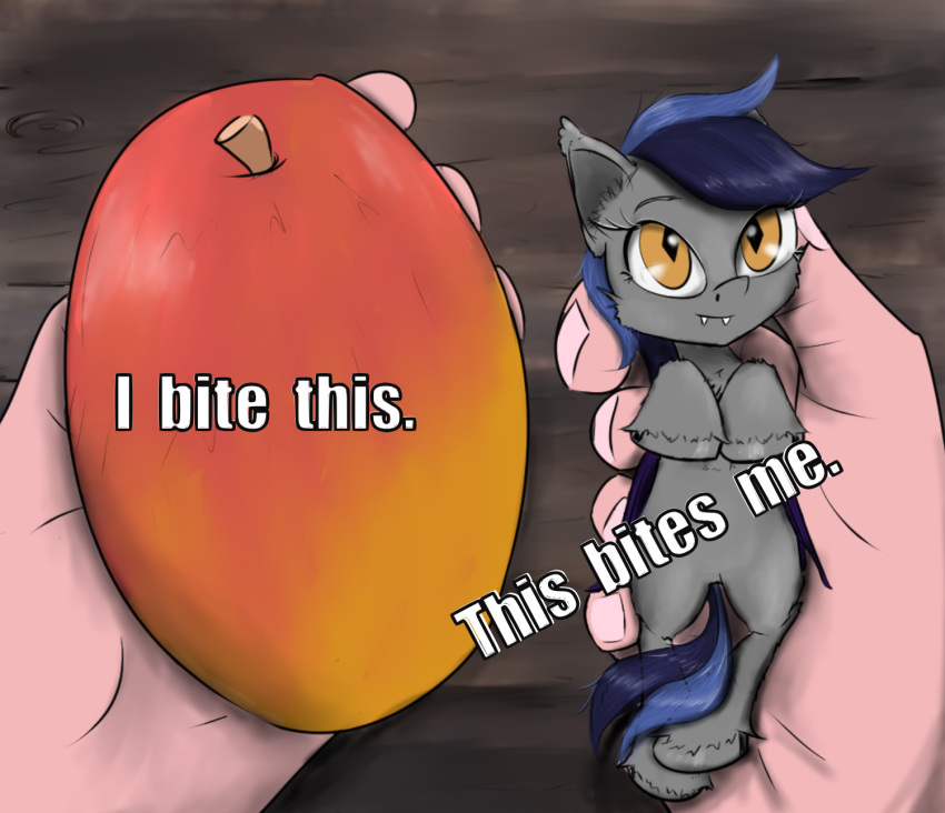 amber_eyes bat_pony blue_hair chopsticks-pony echo_(oc) equid fangs food fruit fur grey_body grey_fur hair hasbro hi_res holding_character holding_object hooves mammal mango_(fruit) meme my_little_pony plant pupils slit_pupils teeth