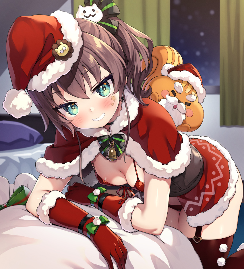 1girl absurdres aqua_eyes ayaoshiro bangs bed bell bikini black_choker black_ribbon blush breasts brown_hair capelet cat_hair_ornament choker christmas cleavage covered_nipples curtains facial_tattoo front-tie_bikini_top front-tie_top fur-trimmed_capelet fur-trimmed_gloves fur_trim garter_straps gloves grin hair_between_eyes hair_ornament hair_ribbon hat highres hololive indoors looking_at_viewer matsurisu medium_hair natsuiro_matsuri neck_bell open_mouth red_bikini red_gloves red_headwear red_thighhighs ribbon sack santa_bikini santa_costume santa_hat side_ponytail skindentation small_breasts smile solo striped striped_ribbon swimsuit tattoo thighhighs virtual_youtuber window zettai_ryouiki