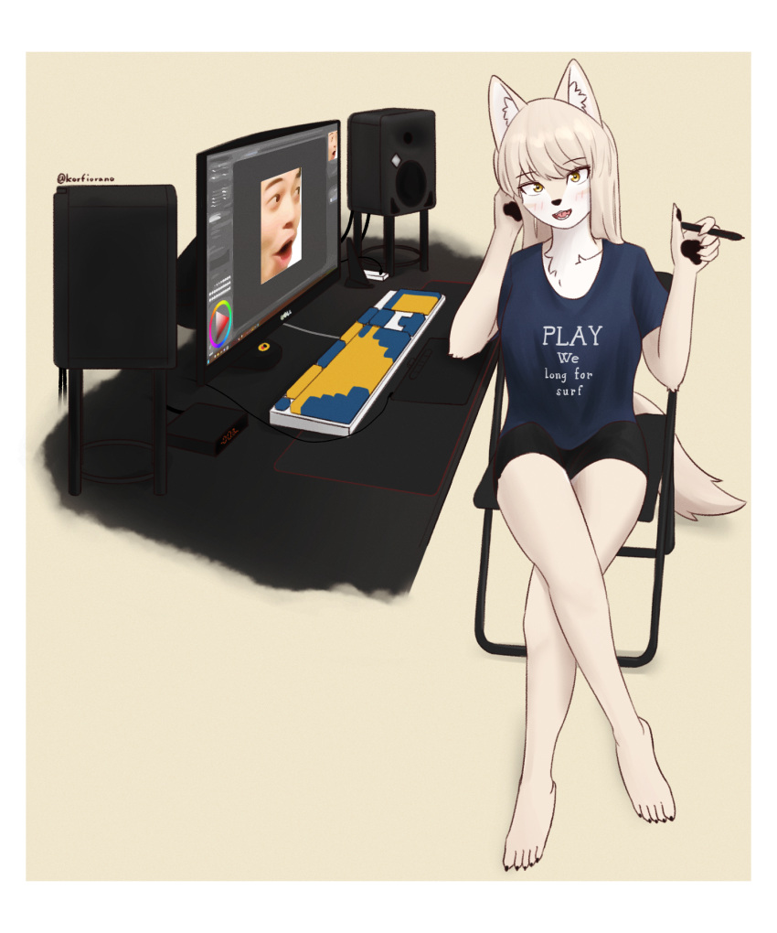 1girl :3 animal_ear_fluff animal_ears animal_hands animal_nose artist_name bangs barefoot bike_shorts blonde_hair blue_shirt blush body_fur border chair clock clothes_writing collarbone commentary crossed_legs digital_clock drawing_tablet english_commentary english_text engrish_text fangs folding_chair fox_ears fox_girl fox_tail full_body furry hands_up happy highres holding holding_stylus jeifier_(korfiorano01) keyboard_(computer) legs light_blush long_hair looking_at_viewer monitor on_chair open_mouth original pawpads pogchamp ranguage shiny shiny_hair shirt short_sleeves sidelocks signature sitting smile solo speaker stylus swept_bangs tail teeth textless_version thighs tongue twitter_username two-tone_fur white_border white_fur yellow_background yellow_eyes yellow_fur