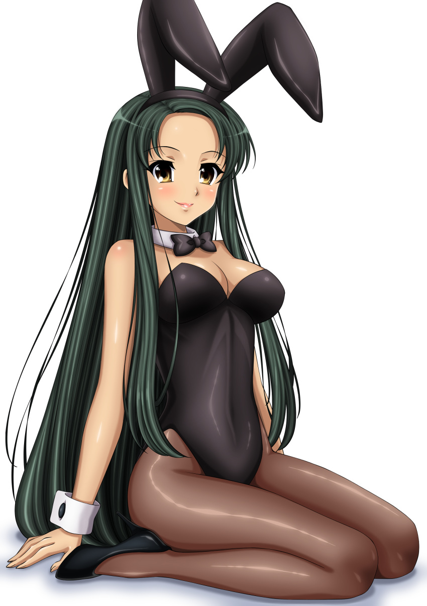 1girl absurdres alternate_costume animal_ears black_bow black_bowtie black_footwear black_hairband black_leotard bow bowtie breasts brown_pantyhose closed_mouth commentary_request cosplay detached_collar fake_animal_ears forehead full_body green_hair gurobeya hairband high_heels highres large_breasts leotard lips long_hair looking_at_viewer pantyhose playboy_bunny rabbit_ears revealing_clothes seiza shadow simple_background sitting smile solo suzumiya_haruhi_no_yuuutsu tsuruya very_long_hair white_background wrist_cuffs