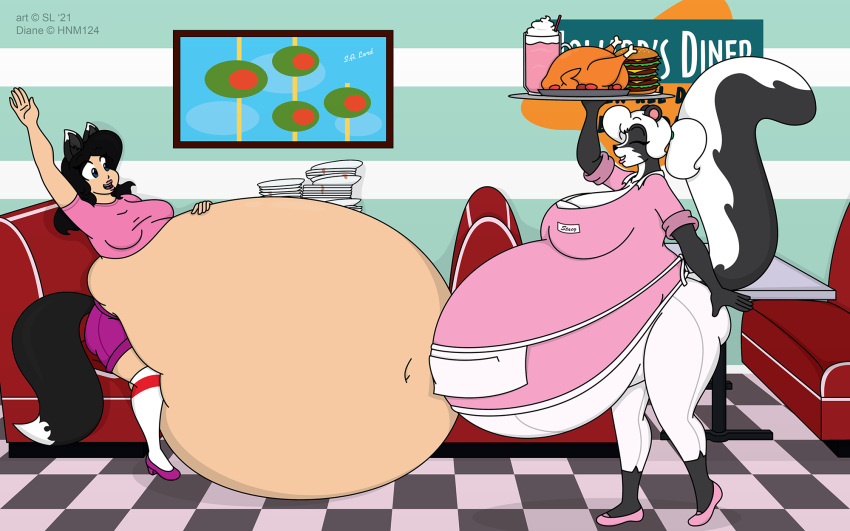&copy; 2021 animal_humanoid anthro belly beverage big_belly big_breasts black_hair blue_eyes booth bottomwear breasts burger canid canid_humanoid canine canine_humanoid clothing diane_(hnm124) digital_media_(artwork) dog_humanoid duo english_text eyes_closed female food footwear fruit furniture hair hand_on_stomach hi_res high_heels humanoid hyper hyper_belly mammal mammal_humanoid meat mephitid milkshake name_tag navel olive_(fruit) pants plant plate satsumalord shoes shorts sitting skunk socks stacy_(satsumalord) stick stuffing symbol table text thick_thighs topwear waiter waitress_uniform white_hair