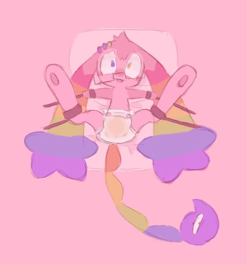 2022 anthro bdsm diaper feces female fur hi_res infantilism l33t_(labbit1337) labbit1337 lagomorph legs_up leporid mammal messy_diaper multicolored_ears multicolored_tail open_mouth pink_body pink_fur pooping rabbit rainbow_ears rainbow_tail soiled_diaper soiling soiling_diaper solo submissive submissive_female