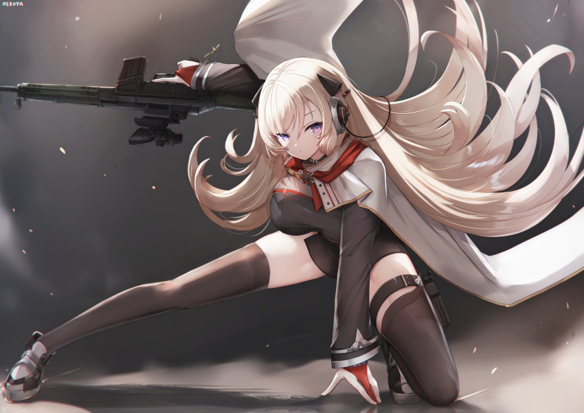 1girl bangs battle_rifle black_dress black_footwear black_thighhighs blonde_hair breasts bridal_gauntlets cape closed_mouth commentary_request commission dress full_body g3_(girls'_frontline) girls'_frontline gun h&amp;k_g3 hair_between_eyes highres holding holding_gun holding_weapon large_breasts long_hair looking_at_viewer nekoya_(liu) purple_eyes rifle shoes solo thighhighs very_long_hair weapon white_cape