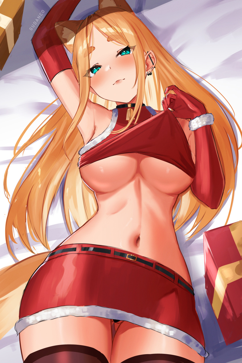 1girl ;aef absurdres animal_ears arm_up bangs bed_sheet blonde_hair blue_eyes blush box breasts closed_mouth crop_top ear_piercing elbow_gloves extra_ears fran_(gudanco_(nyanmeowzer)) from_above gift gift_box gloves gudanco_(nyanmeowzer) hand_up highres lifted_by_self long_hair looking_at_viewer lying miniskirt navel on_back original parted_bangs piercing red_gloves red_skirt skirt solo stomach tail thick_eyebrows thighhighs underboob