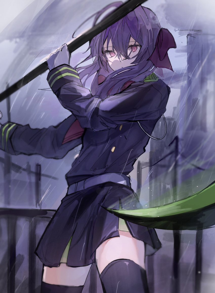 1girl absurdres bangs black_jacket black_skirt black_thighhighs bow closed_mouth floating_hair hair_between_eyes hair_bow highres hiiragi_shinoa holding holding_scythe jacket long_hair long_sleeves miniskirt outdoors owari_no_seraph pink_eyes pleated_skirt purple_bow purple_hair rain scythe sharutaro sketch skirt solo thighhighs zettai_ryouiki