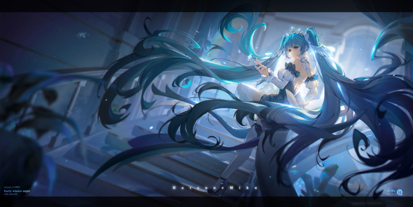 1girl absurdly_long_hair absurdres backless_dress backless_outfit bangs black_border blue_eyes blue_footwear blue_hair blurry blurry_foreground border character_name closed_mouth detached_sleeves diadem dress floating_hair flower_pot hatsune_miku high_heels highres letterboxed liuzexiong long_hair long_sleeves pumps short_dress smile solo stairs thighhighs title twintails very_long_hair vocaloid white_sleeves white_thighhighs