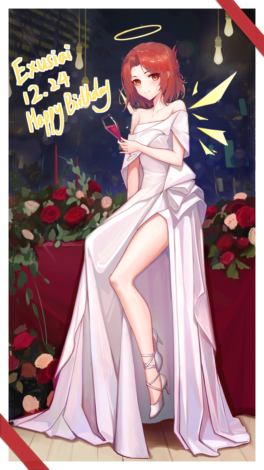 1girl absurdres alcohol alternate_costume alternate_hairstyle arknights bare_legs bare_shoulders champagne_flute character_name commentary_request cup dated dress drinking_glass exusiai_(arknights) flower halo happy_birthday high_heels highres holding holding_cup looking_at_viewer off-shoulder_dress off_shoulder red_eyes red_flower red_hair red_rose rose short_hair sitting smile solo thighs toyzz_(wanjuww) white_dress white_footwear wine