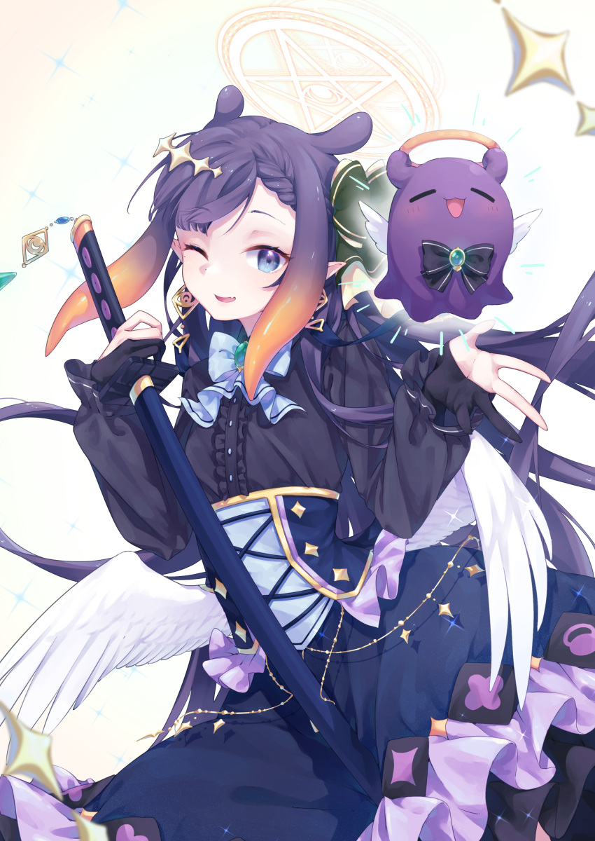 1girl ;d absurdres aeon_ion bangs black_shirt blonde_hair blue_eyes blue_skirt blush corset floating_hair gloves gradient_hair halo highres holding holding_sword holding_weapon hololive hololive_english long_hair long_sleeves looking_at_viewer multicolored_hair ninomae_ina'nis one_eye_closed partially_fingerless_gloves pointy_ears purple_hair sheath sheathed shirt skirt smile solo sword takodachi_(ninomae_ina'nis) very_long_hair virtual_youtuber weapon white_wings wings