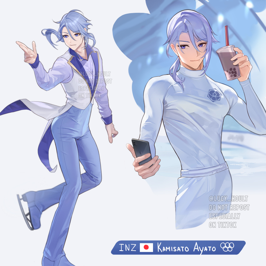 1boy absurdres alternate_costume apple_inc. arm_at_side artist_name asymmetrical_hair asymmetrical_sidelocks backlighting bishounen blue_eyes blue_hair blue_pants blue_shirt blurry blurry_background bubble_tea cellphone character_name closed_mouth coat collared_shirt contrapposto covered_abs cowboy_shot drink drinking_straw english_commentary figure_skating finger_gun full_body genshin_impact gold_trim hair_between_eyes hair_flaps hair_over_shoulder hand_up highres holding holding_drink holding_phone ice_skates ice_skating indoors iphone japanese_flag kamisato_ayato lapels long_sleeves lu_luu99 male_focus medium_hair mole mole_under_mouth motion_blur multiple_views olympic_rings olympics outstretched_arm pants parted_lips phone ponytail popped_collar selfie shirt sidelocks simple_background single_hair_intake skates skating skating_rink sleeve_cuffs sleeveless_coat smartphone smile tailcoat taking_picture tight toned toned_male twitter_username watermark white_background white_coat white_pants white_shirt