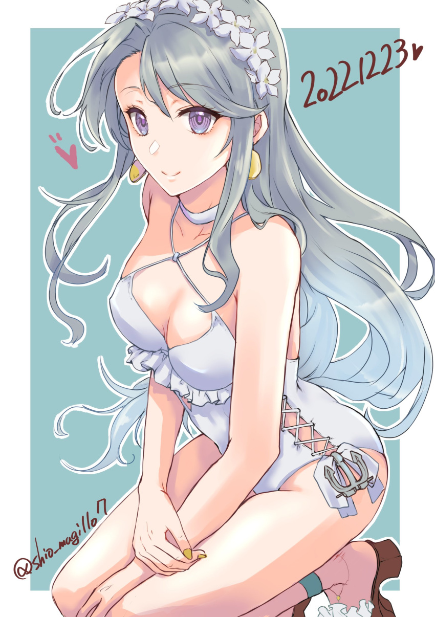 1girl absurdres anchor_ornament asymmetrical_bangs bangs casual_one-piece_swimsuit choker earrings flower food-themed_earrings frilled_swimsuit frills grey_hair hair_flower hair_ornament hairband highleg highleg_swimsuit highres jewelry kantai_collection kneeling lemon_earrings long_hair official_alternate_costume one-hour_drawing_challenge one-piece_swimsuit purple_eyes sagiri_(kancolle) sandals shio_mugi1107 side-tie_swimsuit solo swept_bangs swimsuit twitter_username white_choker white_one-piece_swimsuit