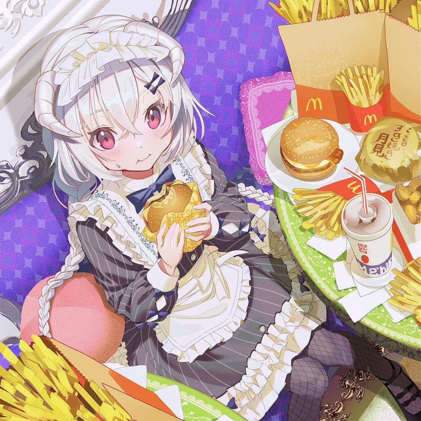 1girl apron bangs black_dress black_footwear black_pantyhose blush braid burger cola commentary_request couch crossed_bangs cup disposable_cup dress eating food french_fries frilled_apron frilled_pillow frills hair_between_eyes hanasaki_ayame highres holding holding_food horns jdge kuusou_code_plus long_hair long_sleeves looking_at_viewer maid_headdress mcdonald's pantyhose pillow pouty_lips red_eyes sitting smile solo striped sweatdrop table vertical_stripes white_apron white_hair