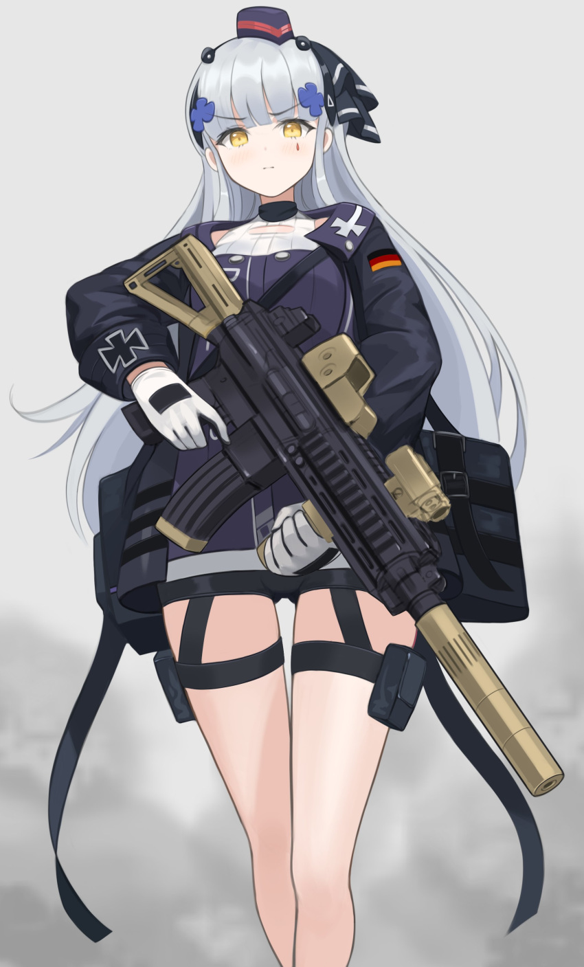 1girl absurdres assault_rifle bangs closed_mouth cross german_flag girls'_frontline gloves gun haeil2 hair_ornament highres hk416_(girls'_frontline) holding holding_gun holding_weapon iron_cross long_hair long_sleeves looking_at_viewer rifle simple_background solo standing thigh_strap weapon white_gloves white_hair yellow_eyes