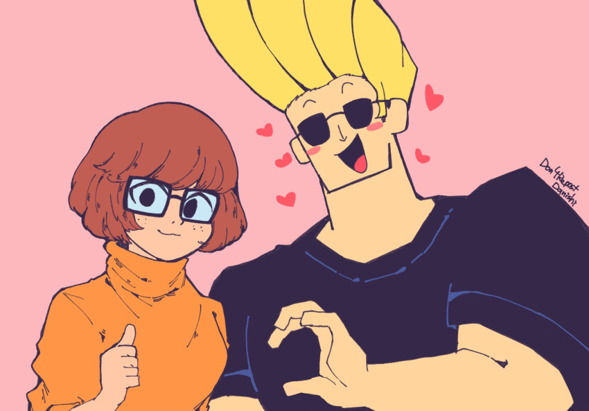 1boy 1girl blonde_hair brown_hair danishi freckles glasses heart heart_hands_failure johnny_bravo johnny_bravo_(series) meme pink_background pompadour scooby-doo short_hair sunglasses thumbs_up velma_dace_dinkley