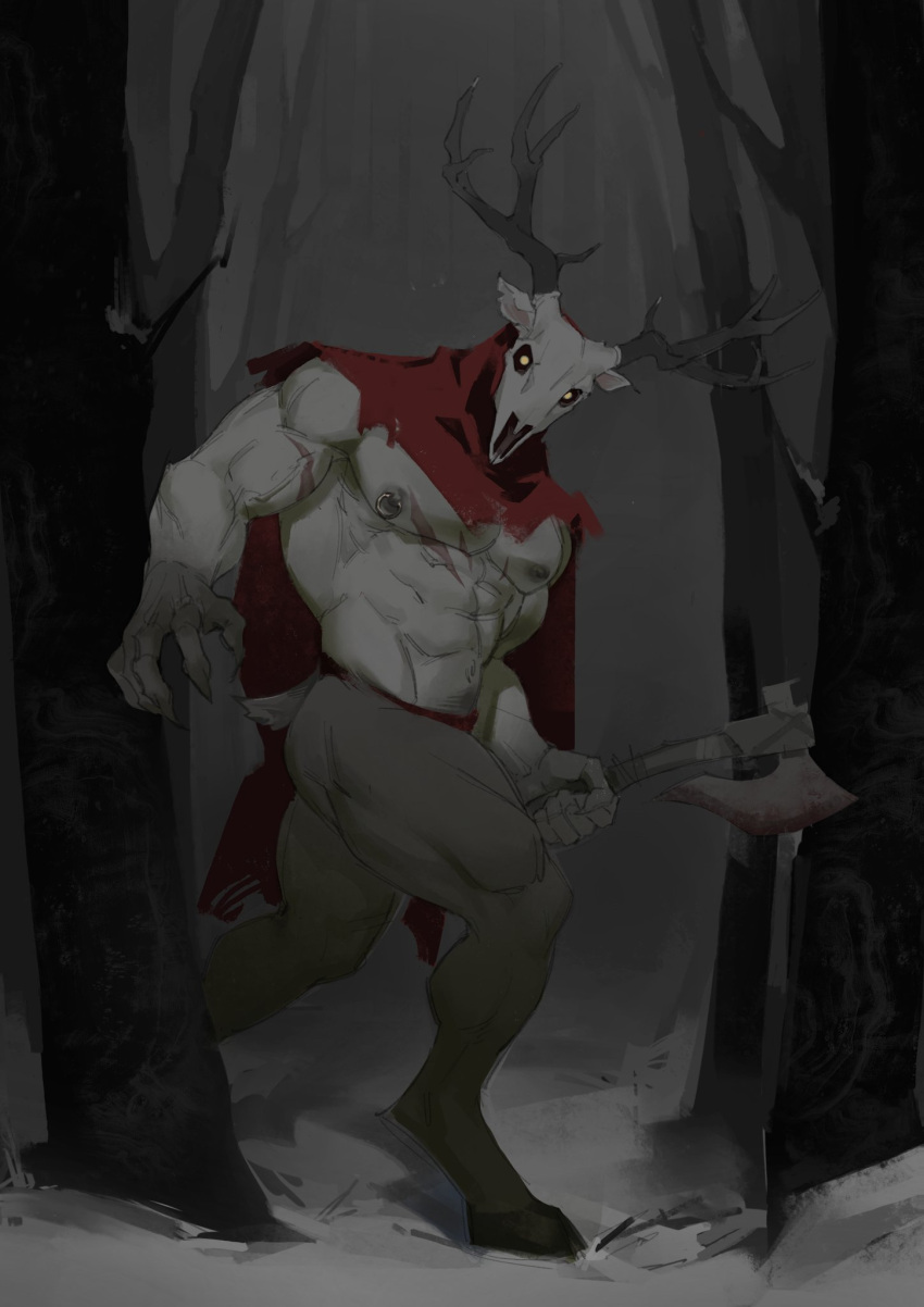 abs antlers axe bone clawed_fingers deer detailed_background forest glowing glowing_eyes hi_res holding_axe hooves horn humanoid looking_at_viewer male mammal monster muscular muscular_male night nipple_piercing nipples outside pecs piercing plant scar skull skull_head snow solo treblack14 tree veiny_muscles