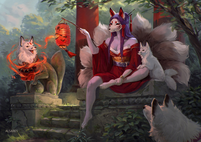 4_toes 5_fingers alsares anthro breasts canid canine clothed clothing day detailed_background feet female fingers fox fur grass group hair lamp lantern mammal moss open_mouth outside plant purple_hair sitting sky teeth toes tongue tree white_body white_fur
