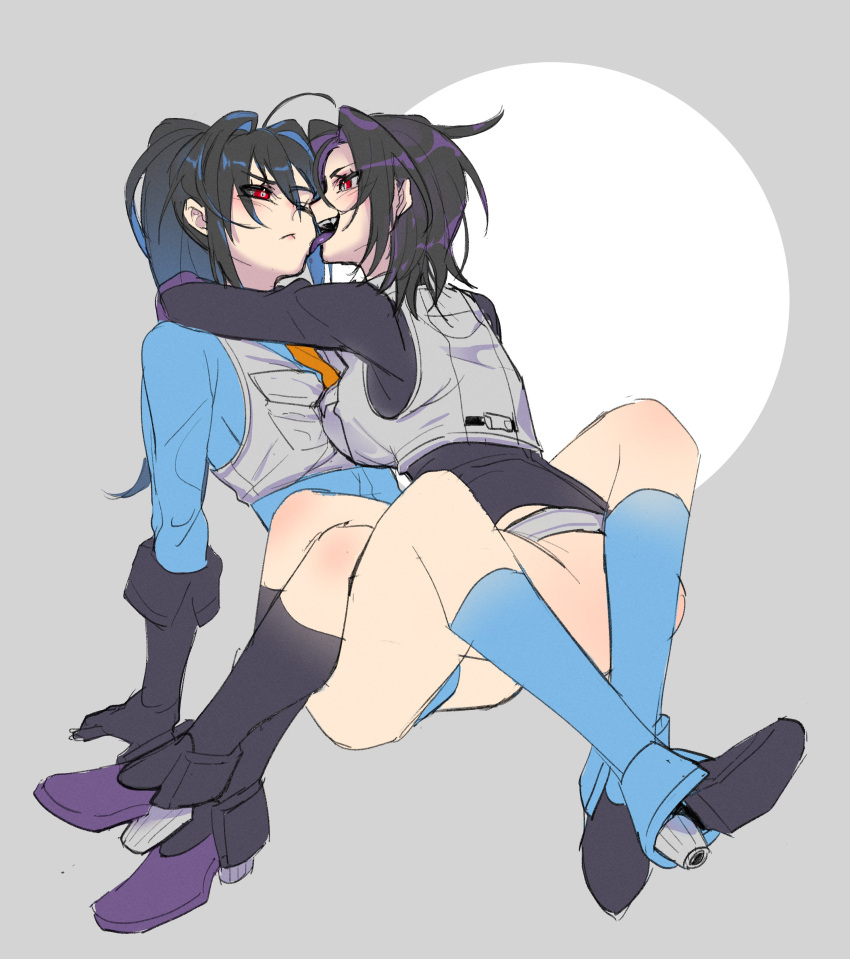 2girls absurdres annoyed bangs black_hair black_leotard blue_hair blue_leotard breasts colored_tongue commentary en_(envelus_tf) flat_chest genderswap genderswap_(mtf) grey_background grey_vest highres humanization leg_lock leotard licking licking_another's_cheek licking_another's_face long_hair medium_breasts multicolored_hair multiple_girls necktie one_eye_closed open_mouth orange_necktie ponytail purple_hair purple_tongue red_eyes short_hair simple_background skywarp streaked_hair symbol-only_commentary thrusters thundercracker transformers vest yuri