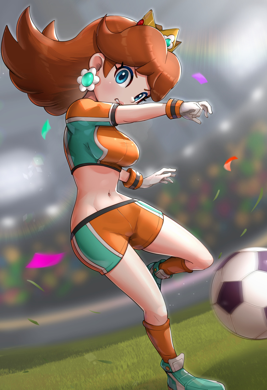 1girl absurdres aqua_footwear arm_up ball bangs blue_eyes blurry blurry_background blush breasts brown_hair clenched_teeth commentary_request confetti cropped_torso crown earrings eyelashes field floating_hair flower_earrings gem gloves gonzarez grass hand_up highres jewelry kicking leg_up long_hair looking_at_viewer mario_(series) medium_breasts midriff multicolored_clothes multicolored_shirt multicolored_shorts navel orange_shirt orange_shorts orange_socks parted_bangs parted_lips playing_sports princess_daisy shirt shoes short_shorts short_sleeves shorts sneakers soccer soccer_ball soccer_field soccer_uniform socks solo sportswear stadium standing standing_on_one_leg stomach super_mario_strikers teeth turtleneck v-shaped_eyebrows white_gloves white_wristband wristband