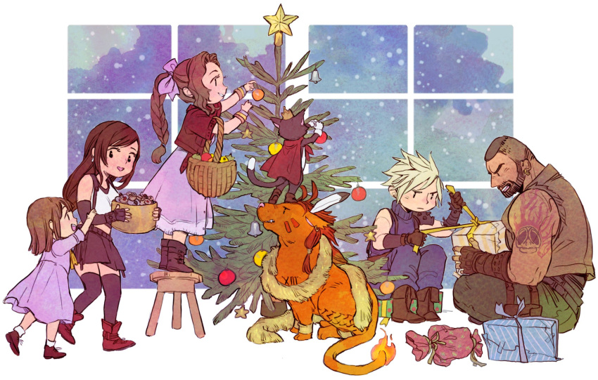 3boys 3girls aerith_gainsborough animal armor bangle bangs bare_shoulders barret_wallace basket beard black_bra black_hair black_skirt black_thighhighs blonde_hair blue_pants blue_shirt boots box bra bracelet braid braided_ponytail brown_hair brown_vest cait_sith_(ff7) cape cat chibi christmas christmas_ornaments christmas_tree cloud_strife crop_top cropped_jacket crown dark-skinned_male dark_skin decorating dress elbow_gloves facial_hair facial_mark facing_away feather_hair_ornament feathers female_child final_fantasy final_fantasy_vii final_fantasy_vii_remake fingerless_gloves flame-tipped_tail full_body gift gift_box gloves green_pants hair_ornament hair_ribbon highres holding holding_basket holding_box holding_ornament holding_ribbon indoors jacket jewelry lanimalu long_dress long_hair looking_at_another marlene_wallace mini_crown miniskirt multiple_boys multiple_girls orange_fur pants parted_bangs pink_dress pink_ribbon red_cape red_footwear red_hair red_jacket red_xiii ribbon shirt short_hair short_sleeves shoulder_armor sidelocks sitting skirt sleeveless sleeveless_turtleneck snow spiked_hair sports_bra standing_on_another's_head stool suspenders swept_bangs thighhighs tifa_lockhart tinsel turtleneck tying underwear very_short_hair vest white_background white_gloves window