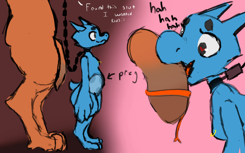 &lt;3 &lt;3_eyes anthro big_penis breath chain chain_leash duo female genitals hi_res kobold leash male male/female markings mouth_on_penis neppyboi no_name panting penis pregnant pregnant_female ring_(marking)