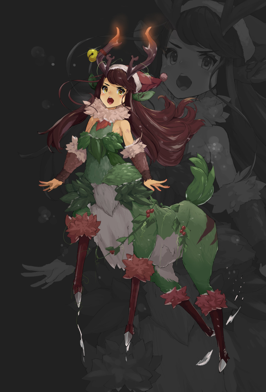 1girl :o absurdres animal_ears antlers bangs bare_shoulders blush brown_eyes brown_hair centauroid christmas commentary_request deer_antlers deer_ears deer_girl deer_tail flat_chest full_body green_fur hat highres holly horn_bell long_hair looking_at_viewer monster_girl multiple_legs open_mouth original santa_hat shitoi_(aqua1487) sidelocks tail taur teeth upper_teeth_only zoom_layer