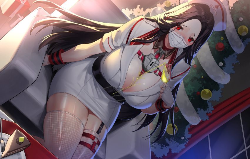 1girl absurdres belt black_belt black_hair blush christmas_tree commentary_request cup fingerless_gloves fishnet_thighhighs fishnets gloves goddess_of_victory:_nikke hat highres long_hair looking_at_viewer maiden_(nikke) mask mouth_mask nurse pouring pouring_onto_self red_eyes sitting solo spilling thighhighs thighs white_gloves white_headwear white_thighhighs yamanokami_eaka