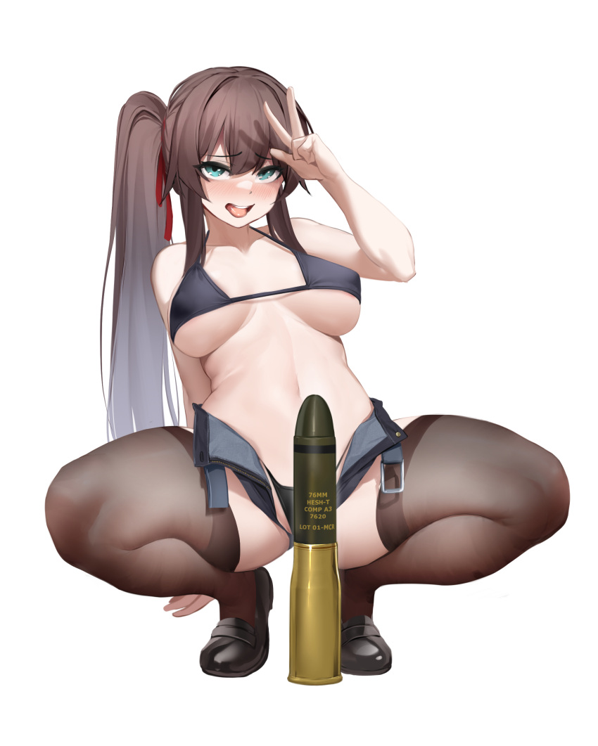 absurdres bikini black_bikini black_footwear black_thighhighs blue_eyes blush brown_hair female_commander_(girls'_frontline) girls'_frontline highres ka941 long_hair looking_at_viewer micro_shorts midriff open_clothes open_mouth open_shorts ponytail shorts simple_background squatting swimsuit tank_shell thighhighs tongue tongue_out