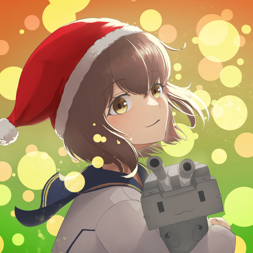 1girl blue_sailor_collar blush brown_eyes brown_hair closed_mouth dress from_side hair_between_eyes hat highres kantai_collection long_sleeves pom_pom_(clothes) red_headwear rensouhou-chan sailor_collar sailor_dress santa_hat short_hair upper_body white_dress yuki_4040 yukikaze_(kancolle) yukikaze_kai_ni_(kancolle)