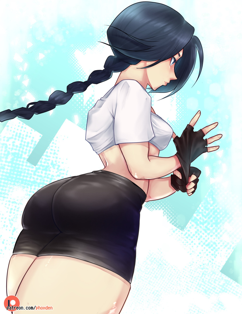 1girl adjusting_clothes adjusting_gloves ass black_gloves black_hair black_shorts braid braided_ponytail closed_mouth cowboy_shot dragon_ball dragon_ball_z english_commentary fingerless_gloves from_behind gloves highres long_hair looking_afar patreon_username pointy_nose puffphox shirt short_sleeves shorts solo thighs videl white_shirt