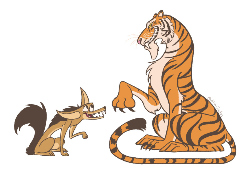 alternate_form bengal_tiger black_body black_eyes black_fur black_nose black_pupils black_stripes brown_body brown_fur canid canine canis claws claws_out clenched_teeth different_artstyle duo fangs felid feral fingernails fluffy fluffy_tail fur golden_jackal grin happy jackal long_tail looking_at_another looking_at_partner looking_at_viewer looking_up male mammal markings muffin-snakes multicolored_body multicolored_fur nails nude orange_body orange_fur pantherine pink_nose pupils redesign redesigned sharp_claws sharp_fingernails sharp_nails sharp_teeth shere_khan signature simple_background sitting size_difference smile smirk striped_body striped_fur striped_markings striped_tail stripes tabaqui tail_markings teeth the_jungle_book tiger white_background white_body white_fur yellow_sclera