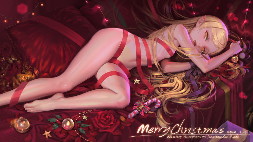 1girl absurdres alphonse_(white_datura) blonde_hair candy candy_cane christmas christmas_ornaments dated feet flower food highres long_hair looking_at_viewer merry_christmas monogatari_(series) navel nude open_mouth oshino_shinobu pillow pointy_ears red_ribbon ribbon rose solo yellow_eyes