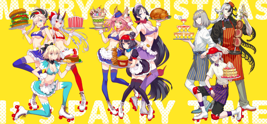 3boys 6+girls :d \m/ ahoge animal_ears apron aqua_eyes aqua_skirt aqua_thighhighs armpits ashiya_douman_(fate) bandana bangs bare_shoulders bikini bikini_top_only black_bandana black_hair black_horns black_ribbon black_thighhighs blonde_hair blue_bandana blue_bikini blue_eyes blue_skirt blue_thighhighs braid breasts brown_eyes burger chicken_(food) cleavage closed_mouth commentary_request cross-laced_footwear detached_sleeves fate/extra fate/grand_order fate_(series) food fox_ears french_braid full_body gradient_horns hair_bun hair_ribbon hand_on_hip highres holding holding_tray horns katsushika_hokusai_(fate) knees_together_feet_apart large_breasts legs long_hair looking_at_viewer maid_headdress matching_outfit meat medium_breasts medium_hair midriff minamoto_no_raikou_(fate) miniskirt miyamoto_musashi_(fate) multicolored_horns multiple_boys multiple_girls navel nishimura_eri oberon_(fate) okita_souji_(fate) okita_souji_(koha-ace) one_eye_closed one_knee one_side_up onion_rings open_mouth parfait petticoat photoshop_(medium) pink_hair ponytail prince_of_lan_ling_(fate) puffy_short_sleeves puffy_sleeves purple_bikini purple_eyes purple_hair red_bandana red_eyes red_horns red_nails red_skirt ribbon roller_skates scarf short_hair short_sleeves sideboob sidelocks simple_background single_hair_bun skates skirt sleeveless smile soda standing standing_on_one_leg stomach striped_bandana swimsuit tamamo_(fate) thighhighs tomoe_gozen_(fate) tray twintails underboob very_long_hair visor_cap waist_apron waitress white_apron white_footwear white_hair wrist_cuffs yellow_background yellow_eyes