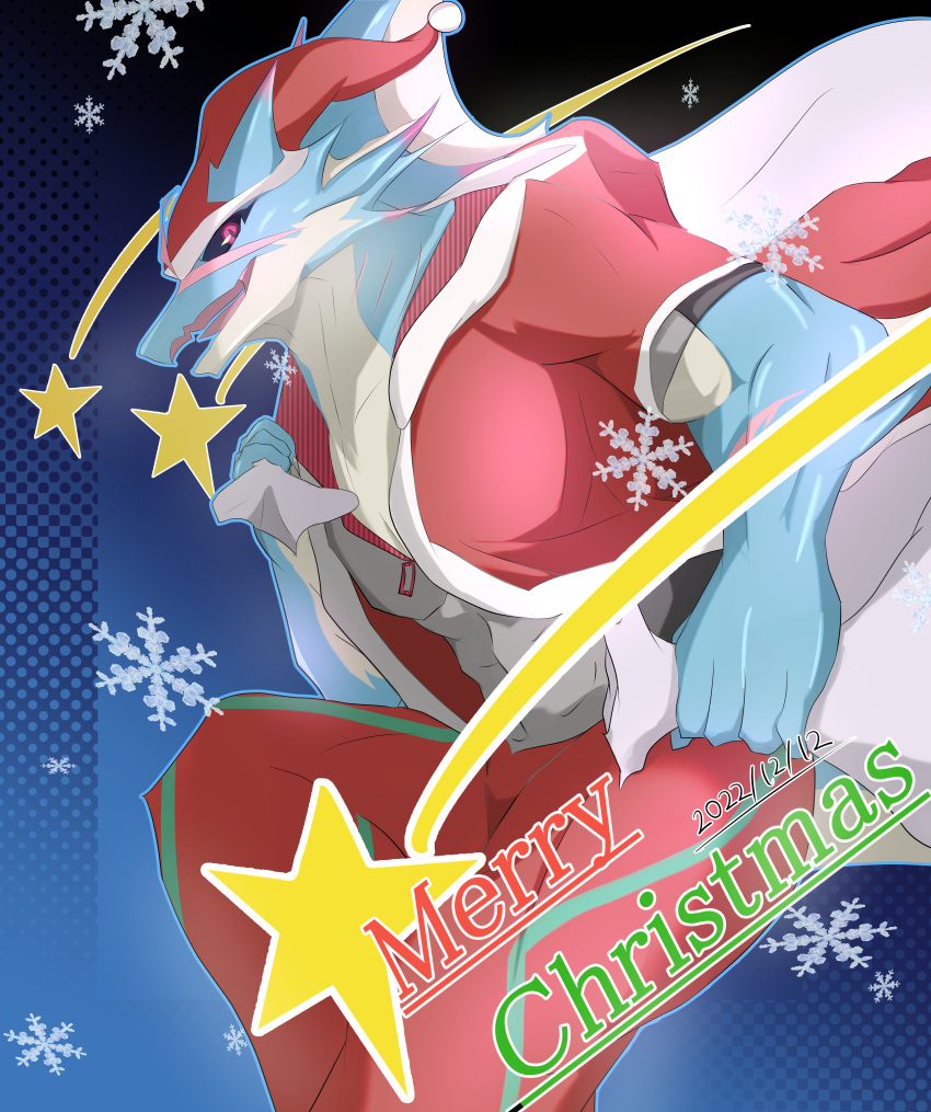 absurd_res anthro bare_chest black_sclera blue_body blue_scales christmas christmas_clothing christmas_headwear clothing dragon hair hat headgear headwear hi_res holidays hydoor lifewonders live-a-hero male muscular muscular_anthro muscular_male pecs red_eyes ricecake_(pixiv) santa_hat scales solo white_hair