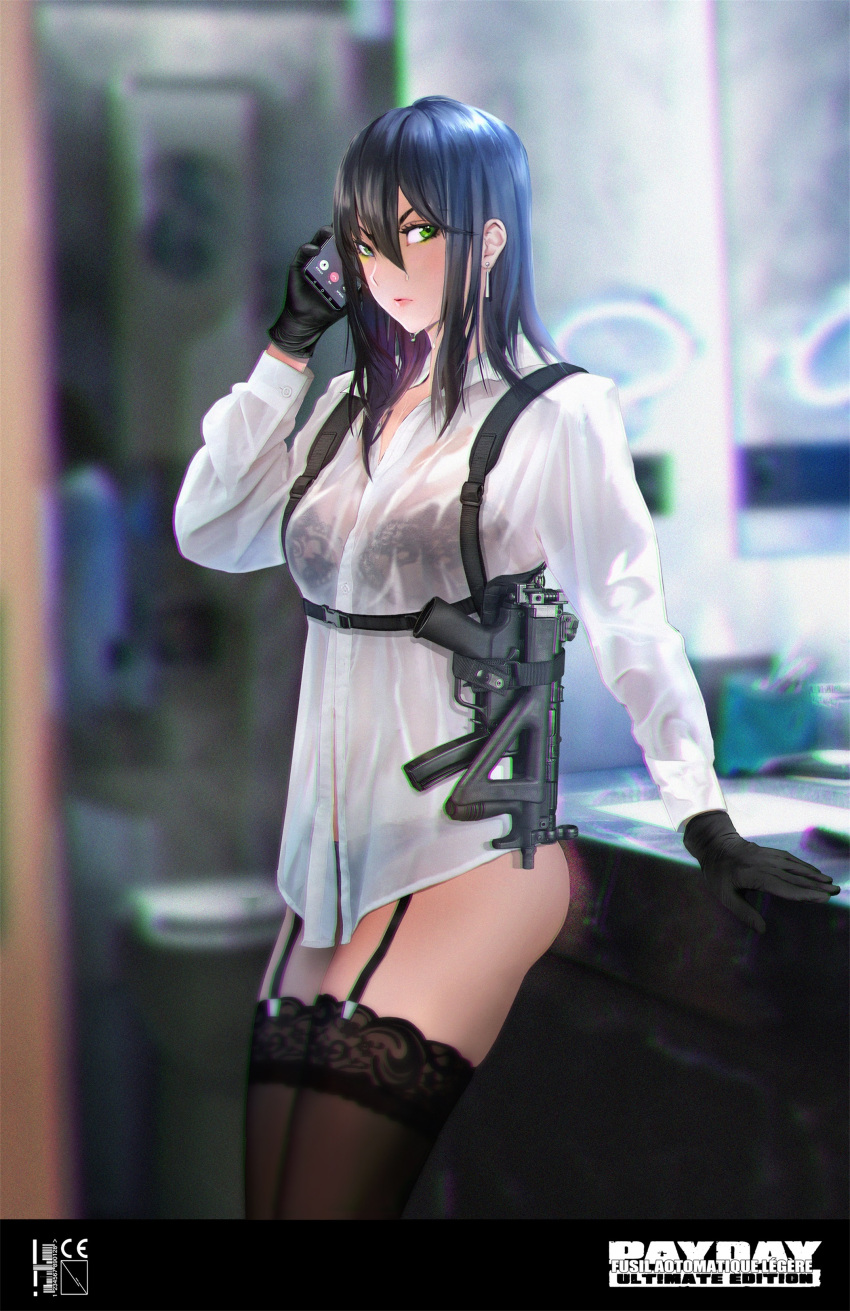 1girl absurdres bangs black_bra black_gloves black_hair black_thighhighs blurry blurry_background bra chinese_commentary closed_mouth collared_shirt commentary_request earrings garter_straps gloves green_eyes gun h&amp;k_mp5 hair_between_eyes highres holding holding_phone jewelry lips long_sleeves looking_at_viewer payday_(series) phone shirt solo sta submachine_gun thighhighs tiewan underwear weapon wet wet_clothes wet_shirt white_shirt