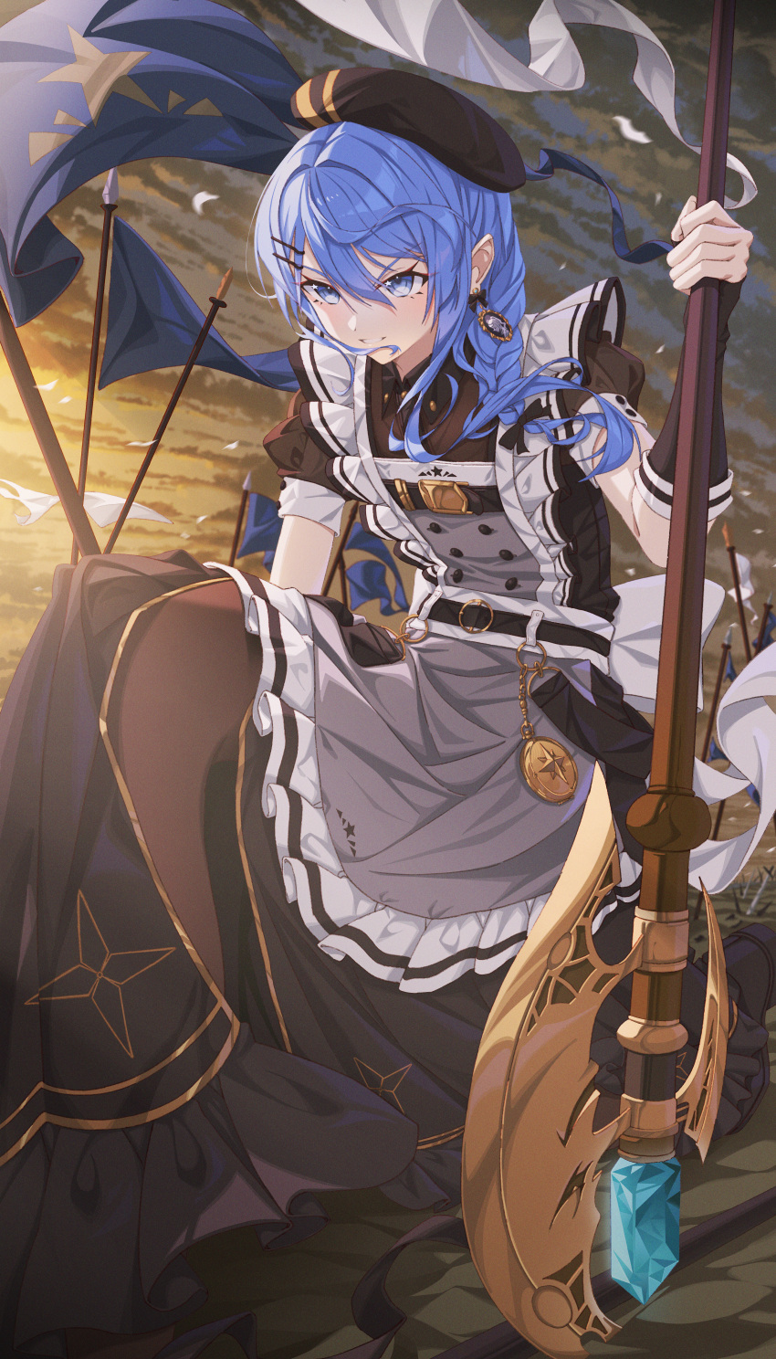 1girl absurdres apron bangs black_dress blue_eyes blue_hair bow bow_earrings braid dress earrings flag frilled_apron frills grey_apron hair_between_eyes hair_ornament hairclip hat highres holding holding_polearm holding_weapon hololive hoshimachi_suisei jewelry long_hair looking_away one_knee parted_lips polearm solo star_(symbol) star_in_eye symbol_in_eye virtual_youtuber weapon yozora_(1wkdgusdn)