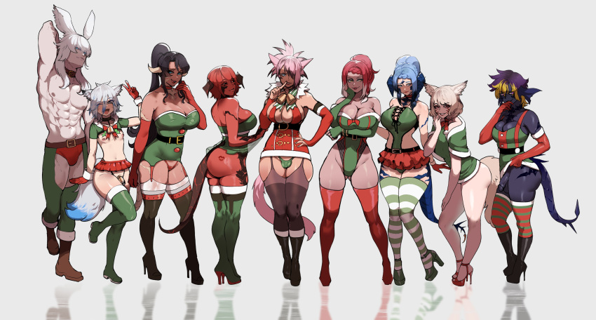 2boys 6+girls abs absurdres animal_ears ass_visible_through_thighs au_ra avatar_(ff14) bare_shoulders bell black_footwear black_hair black_thighhighs blue_eyes blue_hair boots breasts bulge cat_ears cat_tail character_request chastity_cage choker christmas cleavage colored_skin commission dark-skinned_female dark_skin dragon_tail dress english_commentary final_fantasy final_fantasy_xiv flaccid futanari gloves green_footwear green_panties green_thighhighs high_heel_boots high_heels highres huge_breasts knee_boots large_breasts large_tail long_hair micro_panties microdress microskirt miqo'te miu_(dumbxaela) multiple_boys multiple_girls muscular muscular_male neck_bell nyantcha otoko_no_ko pale_skin panties pectorals penis pink_hair platform_boots platform_footwear platform_heels ponytail rabbit_ears red_choker red_dress red_footwear red_garter_straps red_gloves red_hair red_panties red_skin ryoko_(midnightryoko) scales scar second-party_source short_hair shrug_(clothing) skirt striped striped_thighhighs tail testicles thigh_boots thighhighs thighhighs_under_boots underwear v viera zax_magma zephyr_winds