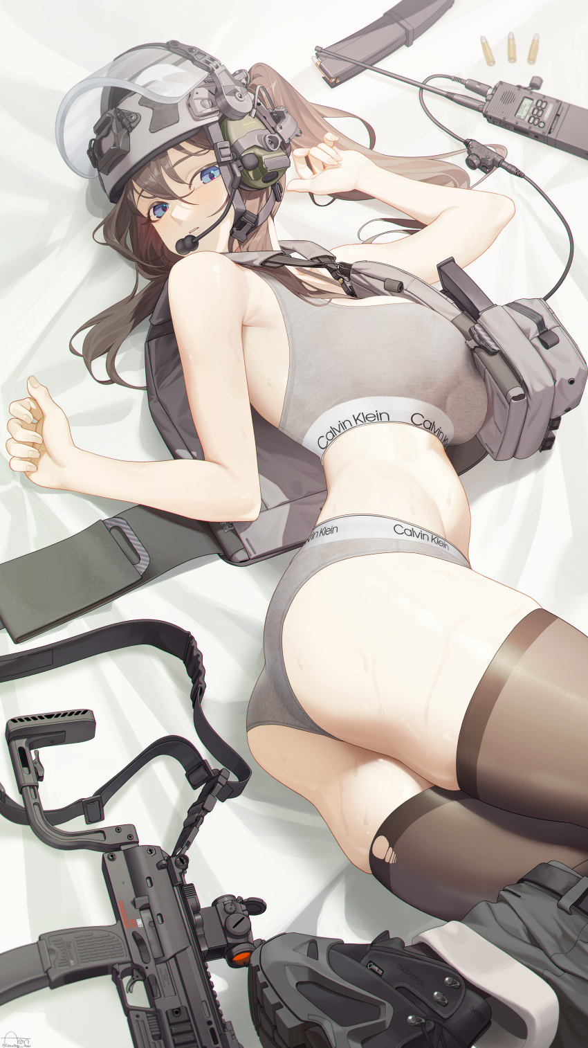 1girl absurdres arm_up aronman ass bag bangs bare_arms bare_shoulders bed_sheet black_footwear black_thighhighs blue_eyes bra breasts brown_hair bullet cable calvin_klein clothes_removed commentary commission fingernails from_above grey_bra grey_panties gun h&amp;k_mp7 hair_between_eyes headphones headset helmet highres large_breasts load_bearing_vest long_hair looking_at_viewer looking_to_the_side lying magazine_(weapon) midriff military_helmet on_side original panties parted_lips shoes shoes_removed shorts shorts_removed sidelocks skindentation sneakers solo submachine_gun sweat thighhighs thighs torn_clothes torn_thighhighs twintails underwear underwear_only walkie-talkie weapon