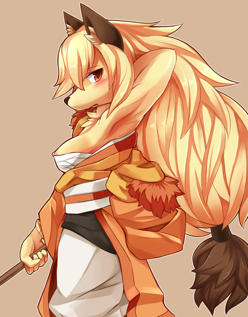 2014 anthro asian_clothing bemani blonde_hair blush bottomwear breasts brown_background brown_eyes canid canine chest_tuft chest_wraps clothed clothing crossgender dipstick_hair east_asian_clothing exposed_breasts female flute fox fur hair hand_behind_head hi_res holding_flute holding_musical_instrument holding_object japanese_clothing kemono kimono konami long_hair mammal musical_instrument nipples pants pop'n_music side_view simple_background solo tuft wind_instrument woodwind_instrument wraps yamabuki_(pop'n_music) yellow_body yellow_fur