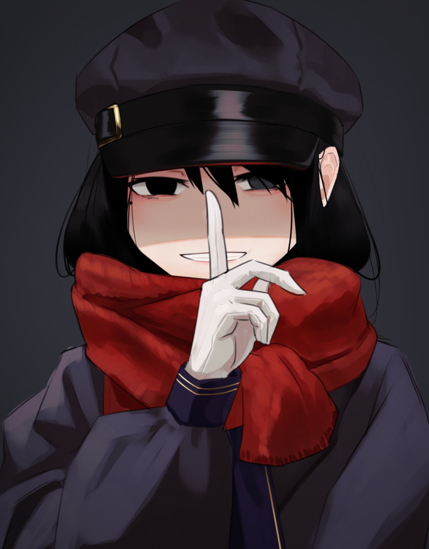 1girl black_eyes cabbie_hat empty_eyes finger_to_mouth gloves grin hat highres kis_sako looking_at_viewer original scarf shushing simple_background smile upper_body white_gloves