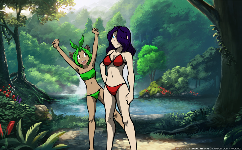 blue_eyes clothing duo edit edited_base female green_eyes green_hair hair hi_res human karen_taverndatter mammal maren_taverndatter pinup pose purple_hair swimwear twokinds webcomic