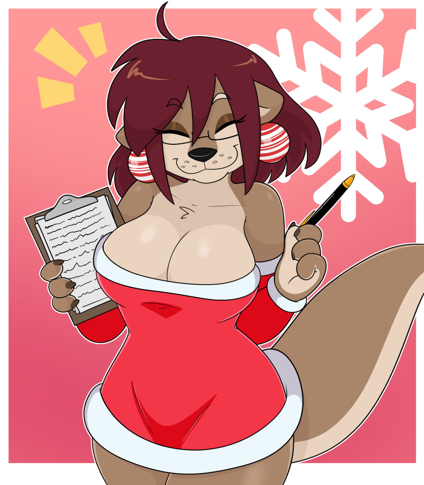 4_fingers absurd_res anthro big_breasts breasts brown_body brown_fur chest_tuft christmas christmas_clothing clipboard clothed clothing digital_media_(artwork) dress ear_piercing ear_ring eyebrow_through_hair eyebrows eyelashes eyelashes_through_hair eyes_closed eyewear female fingers fur glasses hair hi_res holidays kabula_(artist) looking_at_viewer mammal marine_mcmurray multicolored_body mustelid musteline otter paws pen piercing purple_hair ring_piercing simple_background smile solo tan_body tan_fur translucent translucent_hair tuft two_tone_body