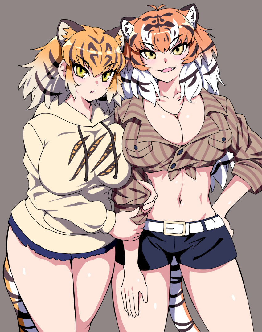 2girls alternate_breast_size animal_ears arm_at_side bangs belt black_hair blonde_hair breast_press breasts cleavage clinging collared_shirt cutoffs drawstring extra_ears fangs grey_hair hand_on_hip hands_on_another's_arm highres hood hood_down hoodie huge_breasts jewelry kemono_friends light_blush linea_alba long_hair long_sleeves looking_at_viewer mamiyama medium_hair midriff multiple_girls navel open_mouth orange_hair parted_lips pendant plunging_neckline shirt short_shorts shorts siberian_tiger_(kemono_friends) side-by-side sidelocks simple_background smile stomach striped striped_hair striped_shirt tail tied_shirt tiger_(kemono_friends) tiger_ears tiger_girl tiger_tail toned very_long_hair white_hair wing_collar yellow_eyes