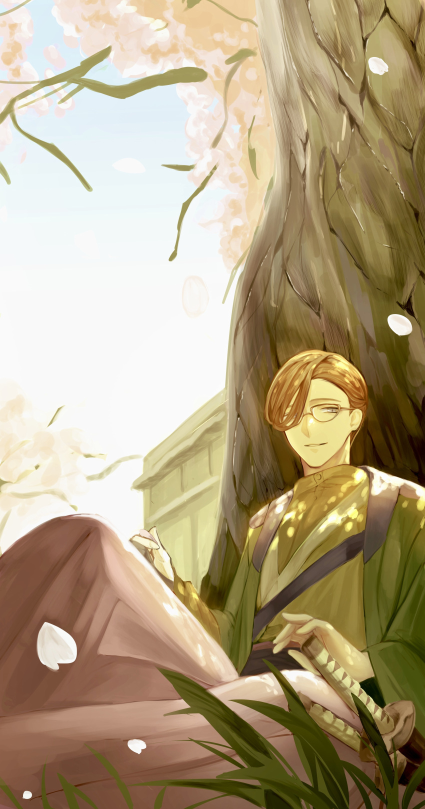 1boy absurdres brown_hair brown_kimono brown_shirt cherry_blossoms commentary dappled_sunlight day dress_shirt falling_petals fate/grand_order fate_(series) feet_out_of_frame glasses grass green_jacket grey_eyes grey_hakama hair_over_one_eye hair_pulled_back hakama hand_on_hilt haori highres jacket japanese_clothes katana kimono knee_up looking_at_viewer male_focus parted_lips petals sheath sheathed shirt short_hair sitting smile solo sunlight sword tree under_tree weapon yamanami_keisuke_(fate) yuzu_(pixiv_54192275)