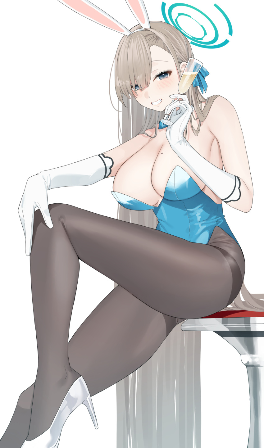 1girl absurdly_long_hair alcohol animal_ears asuna_(blue_archive) asuna_(bunny)_(blue_archive) bangs bare_shoulders bekotarou black_pantyhose blue_archive blue_bow blue_bowtie blue_eyes blue_leotard blush bow bowtie breasts champagne champagne_flute cleavage collar cup detached_collar drink drinking_glass elbow_gloves eyebrows_hidden_by_hair fake_animal_ears foot_out_of_frame from_side gloves grin hair_over_one_eye halo hand_on_own_knee hand_up high_heels highleg highleg_leotard highres holding holding_cup holding_drink knee_up large_breasts leotard light_brown_hair long_hair looking_at_viewer mole mole_on_breast on_stool pantyhose playboy_bunny rabbit_ears simple_background sitting smile solo straight_hair strapless strapless_leotard swept_bangs teeth thighs very_long_hair white_background white_collar white_footwear white_gloves