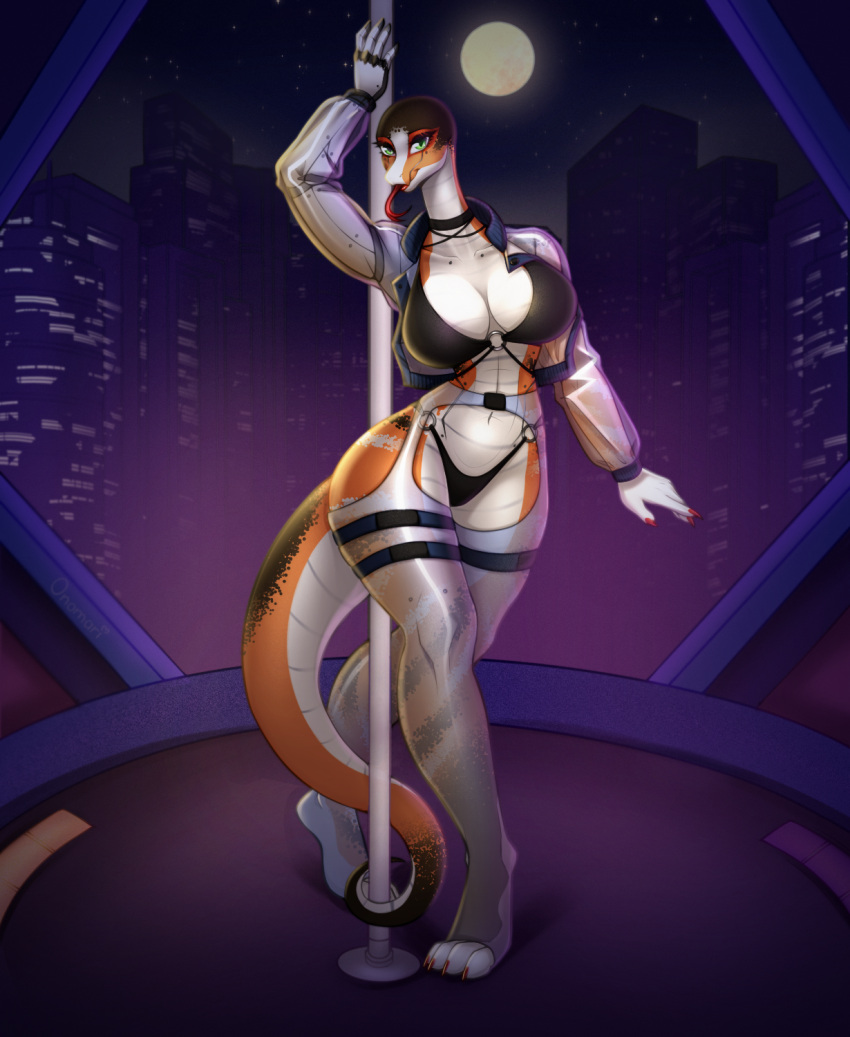 2022 5_fingers anthro aurora_(thumpertheott) big_breasts biped black_bra black_clothing black_panties black_underwear bra breasts city cityscape claws clothing countershade_face countershade_scales countershade_tail countershade_torso countershading dancing detailed_background digital_media_(artwork) eyelashes female fingers forked_tongue full-length_portrait green_eyes hi_res hindpaw inside legwear long_tongue looking_at_viewer moon navel non-mammal_breasts onomari orange_body orange_scales panties paws pole pole_dancing portrait reptile scales scalie shaded solo standing stripper_pole toe_claws tongue tongue_out translucent translucent_clothing translucent_legwear translucent_topwear underwear white_body white_countershading white_scales