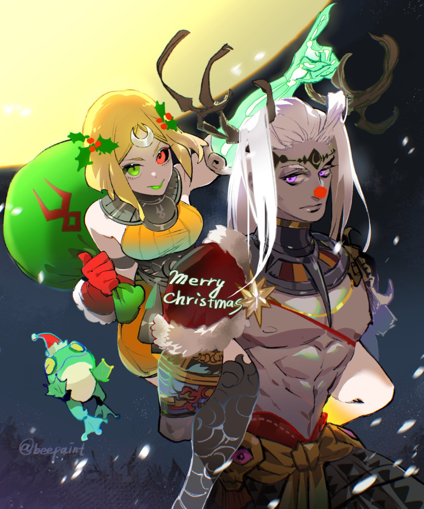 1boy 1girl antlers beepaint blonde_hair bone carrying christmas dark-skinned_male dark_skin frog full_moon gloves gorget green_eyes green_lips hades_(series) hades_2 hair_ornament highres holly_hair_ornament melinoe_(hades) merry_christmas moon moros_(hades) piggyback pointing purple_eyes red_eyes sack single_glove smile snowing topless_male translucent_skin white_hair