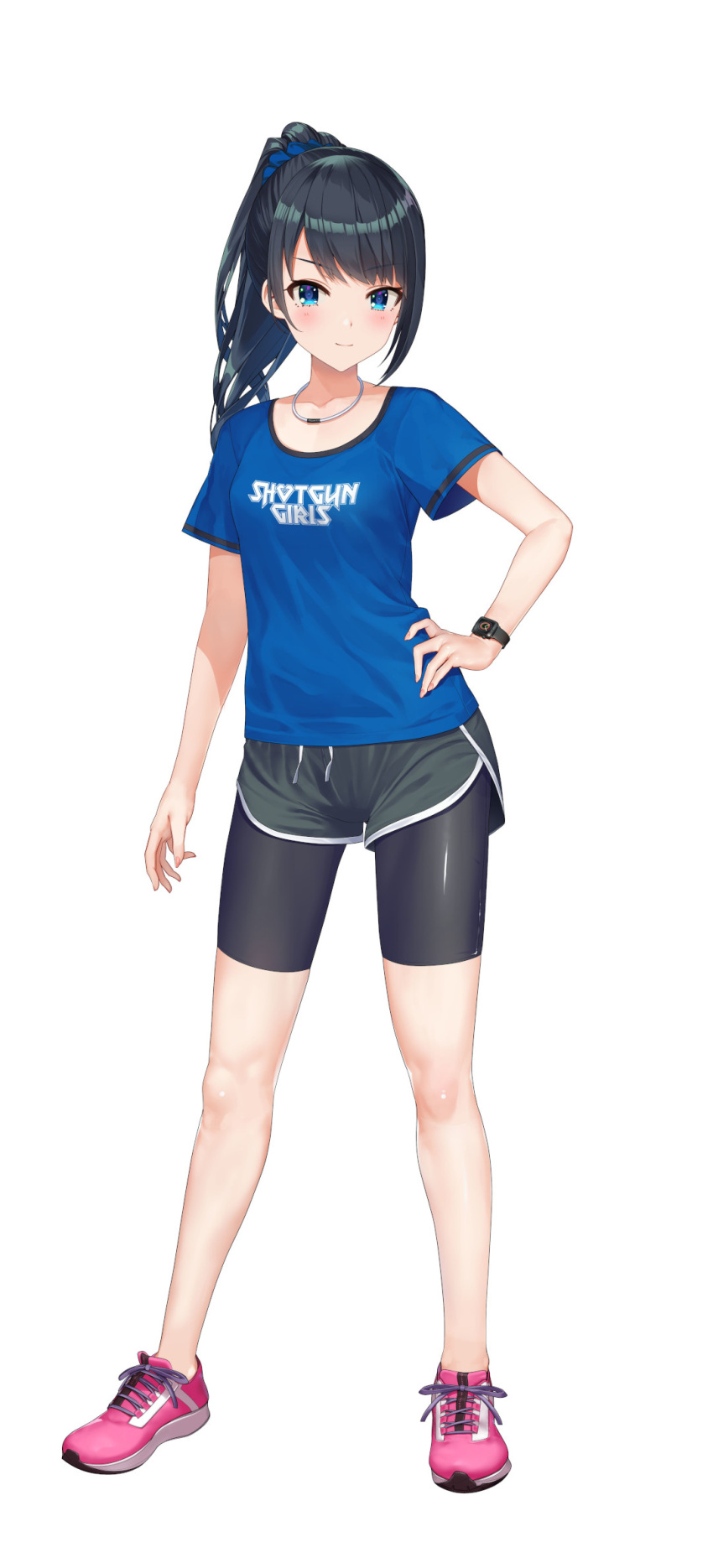 1girl asagiri_kaeno bangs beat_refle bike_shorts black_hair black_shorts blue_eyes blue_scrunchie blue_shirt blush closed_mouth collarbone dolphin_shorts full_body hair_ornament hair_scrunchie hand_on_hip highres long_hair looking_at_viewer pink_footwear ponytail print_shirt scrunchie shiny shiny_hair shirt shoes short_shorts short_sleeves shorts shorts_under_shorts simple_background smile sneakers solo standing t-shirt tachi-e watch white_background wristwatch yamacchi