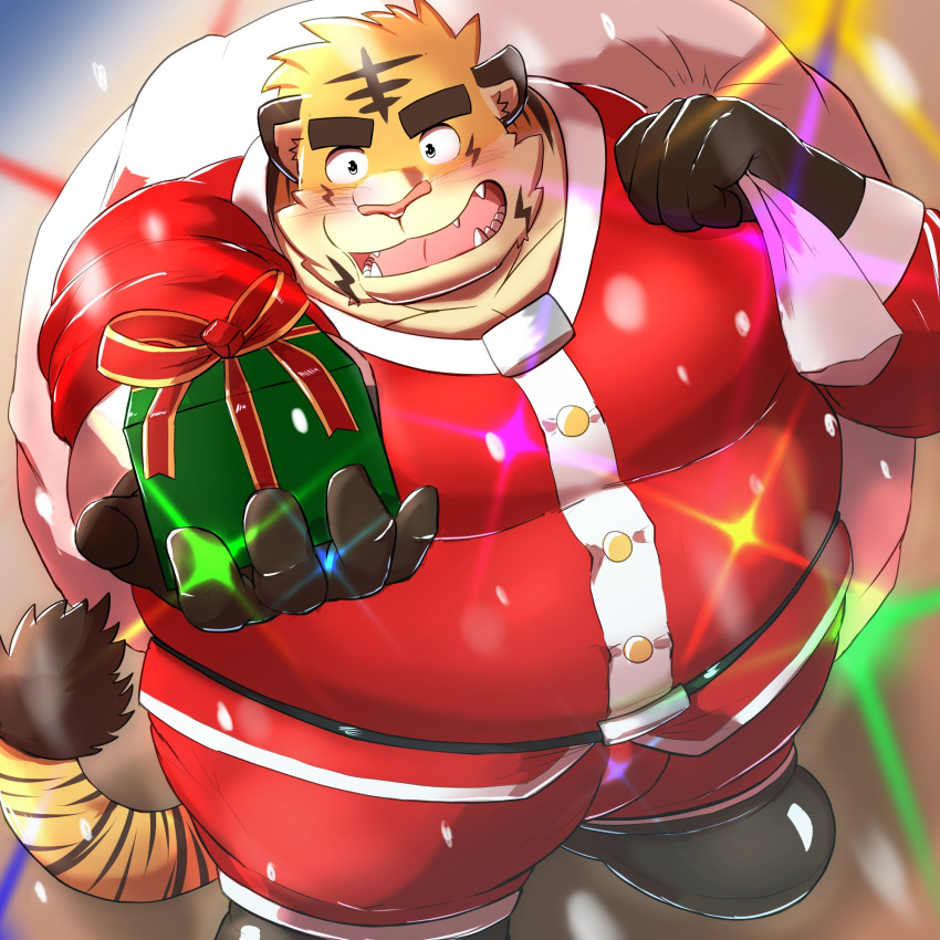 2022 anthro belly big_belly biped christmas felid hi_res holidays humanoid_hands kemono male mammal mohumohudansi overweight overweight_male pantherine santa_claus solo tiger