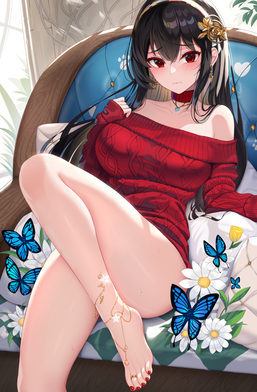 1girl bangs bare_legs barefoot black_hair blue_butterfly blush breasts bug butterfly choker closed_mouth damao_yu earrings flower hair_between_eyes hair_flower hair_ornament hairband highres jewelry knee_up large_breasts long_hair looking_at_viewer nail_polish off-shoulder_sweater off_shoulder red_choker red_eyes red_nails red_sweater revision solo spy_x_family sweater toe_ring toenail_polish toenails white_flower white_hairband yor_briar